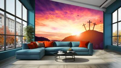 Christmas concept: Crucifixion Of Jesus Christ Cross At Sunset Wall mural