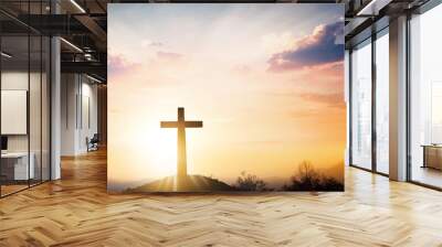 Christmas concept: The cross on mountain sunset background Wall mural