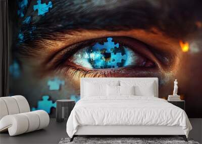 Close-up of a man's eyes reflecting digital puzzle pieces, signifying internal conflict, neural networks in the background, Sci-fi, Hyperrealism Wall mural