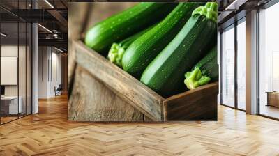 Close-up of a set of fresh zucchini fruits in varying shades of green, displayed on a rustic wooden table with soft natural lighting Wall mural