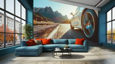 Close-up of a white car speeding down the highway, surrounded by stunning rocky mountains in bright daylight Wall mural