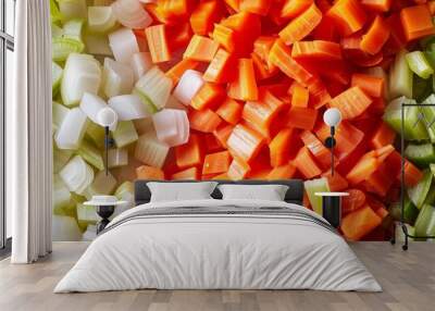 Close-up of finely chopped onions, carrots, and celery arranged in neat piles, isolated on a white background, studio lighting Wall mural