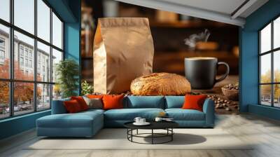 Coffee packaging bag made from eco-friendly materials, with a bread loaf and a mug in a cafe setting, organic textures, natural soft lighting, warm atmosphere Wall mural