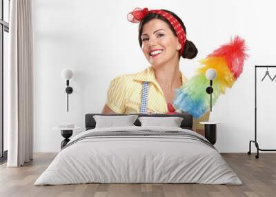 young happy beautiful woman maid dusting on white Wall mural