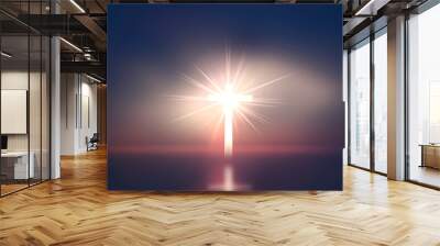 Concept of Jesus Christ: white cross on sunset sky background Wall mural