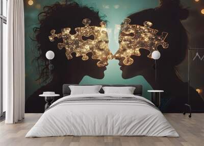 Couple in silhouette facing each other, their heads forming a glowing puzzle piece where they meet, representing perfect mental harmony Wall mural