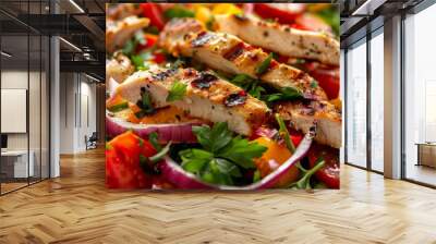 Crispy vegetable salad with grilled chicken strips, close-up shot highlighting freshness and vibrant colors Wall mural