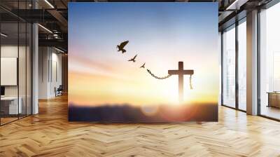 Cross of jesus christ break barrier wire on calvary sunday background Wall mural