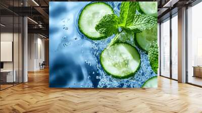 Cucumber and mint slices floating in crystal-clear water, photographed in high-definition, illuminated by soft natural light, with a minimalistic and refreshing composition. Wall mural