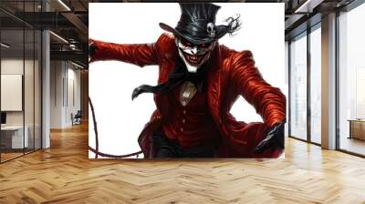 Dark ringmaster with a twisted whip and Halloween masks, evil grin, detailed vector art, nightmare circus concept, isolated on white background Wall mural