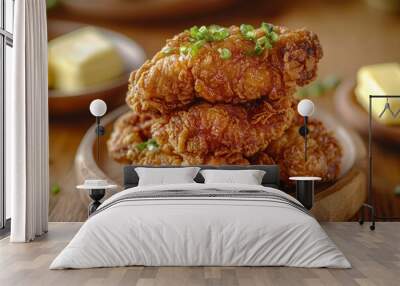 Delicious Dried Fried Chicken Stacking on Wooden Plate, Top View Generative AI Wall mural