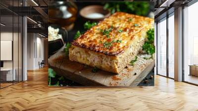 Delicious tuna melt with golden cheese, fresh bread on a wooden cutting board, raw style, emphasizing textures and appetizing detail Wall mural