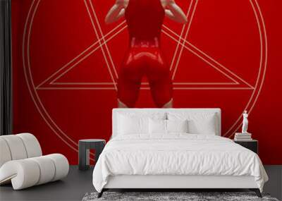 Devil worshiper muscular tall woman red white pentagram black magic symbol red background 3d illustration render digital rendering	 Wall mural