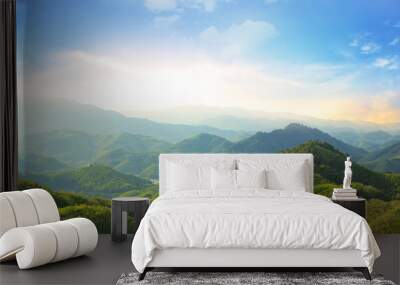 earth day concept: beautiful natural scenery of river in southeast asia tropical green forest with m Wall mural