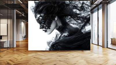 Enchanting dark fairy with flowing dress and party masks, dark fantasy theme, high contrast lighting, isolated on white background Wall mural