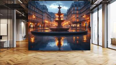 Evening scene of a European plaza with a perfectly symmetrical circular fountain, glowing streetlights, and charming buildings reflecting in the water Wall mural