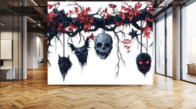 Fragmented limbs with Halloween masks hanging off, gothic horror theme, detailed illustration, isolated on white background Wall mural