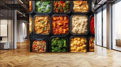 Frozen ready meals with a variety of frost-covered dishes like lasagna, curry, and stir-fries, viewed from above in an organized layout Wall mural