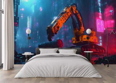 Futuristic construction robot laying cobblestones with a robotic mallet, cyberpunk style, neon lights, digital painting, high contrast, night scene Wall mural