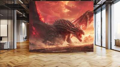 Futuristic knight fighting a ferocious dragon, enhanced combat scene, with a menacing red sky in the background Wall mural