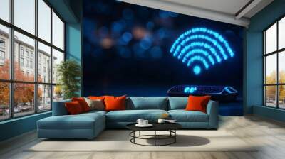 Futuristic Wi-Fi extender with floating blue holographic wireless icons, vibrant colors, minimalistic style, digital illustration, clean and modern tech Wall mural