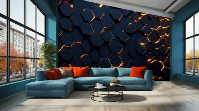 Geometric hexagonal pattern with metallic bronze edges, glowing highlights, and warm gold accents, viewed from the top, showcasing elegant modern design. Futuristic tone. Triadic color scheme Wall mural