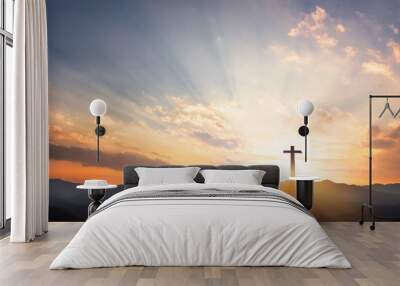 Good Friday concept: cross with sunset in the sky background Wall mural