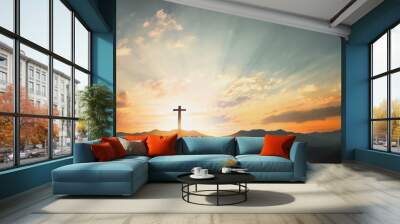 Good Friday concept: cross with sunset in the sky background Wall mural