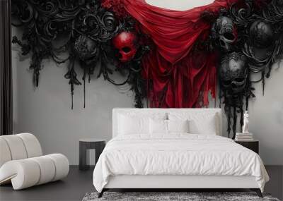 Gothic-style blood-stained veil intertwined with ornate Halloween masks, detailed vector art, dark and mysterious, isolated on white background Wall mural