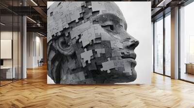 Grayscale stone bust of a woman's head with puzzle pieces inlaid, symbolizing the intricate process of mental construction and thought assembly Wall mural