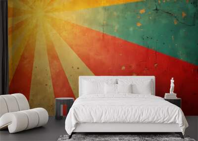 Groovy carnival-themed background with a psychedelic sunburst, swirling rainbow lines, and funky ray accents, paired with soft distressed paper texture, vintage vibe Wall mural