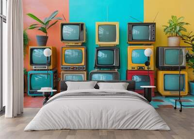 Group of vintage TVs in diverse bright colors, aligned against a pastel wall, blending retro charm with modern aesthetics Wall mural