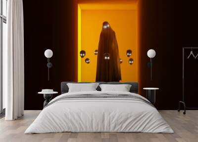 halloween ghost in a pumpkin orange corridor with a polished floor creepy floating woman with skulls Wall mural