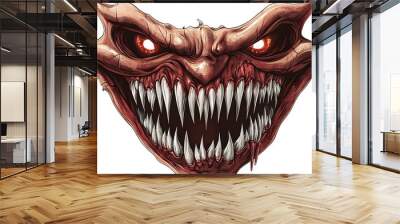 Halloween party mask with exaggerated sharp teeth, creepy and unsettling expression, detailed vector art, isolated on white background Wall mural