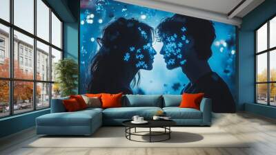 Happy couple facing each other with holographic puzzle pieces connecting them, glowing in mid-air, representing thought and emotional connection, futuristic, blue neon ambiance Wall mural