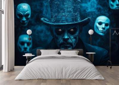 Haunted magician in a worn top hat, eerie Halloween masks floating around, dark magic theme, cinematic lighting, isolated on white background Wall mural