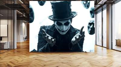 Haunted magician in a worn top hat, eerie Halloween masks floating around, dark magic theme, cinematic lighting, isolated on white background Wall mural