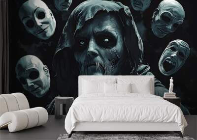 Haunted monk in a torn hood, surrounded by floating Halloween masks, dramatic lighting, detailed vector illustration, isolated on white background Wall mural