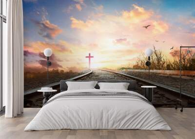 Heaven Road Concept: railway a way walking towards a cross Wall mural