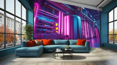 High-tech chemical plant scene, featuring a large stainless steel tank with colorful, intricately woven pipes, glowing under bright industrial lights Wall mural