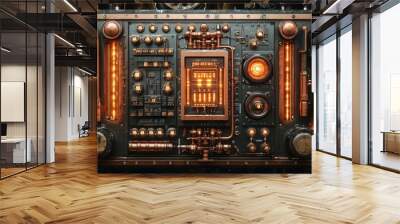 Industrial steampunk contraption with shiny copper boards, metal coils, and a glowing interface, set against a moody background of gears and pipes Wall mural