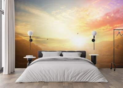 Inspiration concept: Mountain river landscape at sunset background. Wall mural