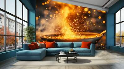 Intense close-up of a pan on fire, with glowing embers and sparks flying, showing the chaotic moment of a kitchen disaster. The scene is in a hyper-realistic, cinematic style Wall mural