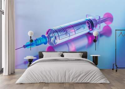 Isolated close-up of a syringe featuring a vibrant blue needle, highlighted with sharp studio lighting against a pristine background Wall mural