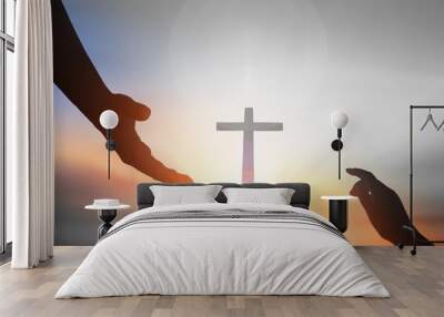 Jesus helping hand concept：World Peace Day Help hand on sunset background Wall mural