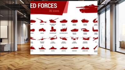 Armored forces icon set. Simple silhouettes of military vehicles on white background. Vector illustration Wall mural