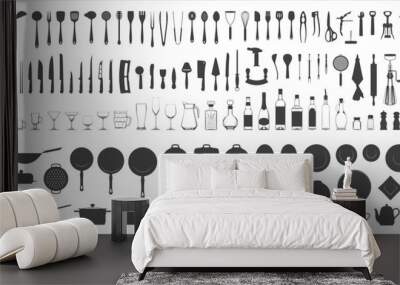 Cutlery and kitchen utensils set. Kitchenware silhouette on white. Vector illustration Wall mural