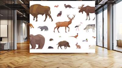 Flat set of european animals. Isolated animals on white background. Vector illustration Wall mural