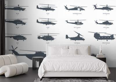 Military helicopter icon set. Helicopter silhouette on white background. Vector illustration Wall mural