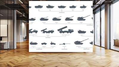 Russian armed forces icon set. Part 1. Tanks, artillery, fighting machines & other. Military vehicles silhouette on white background. Vector illustration Wall mural